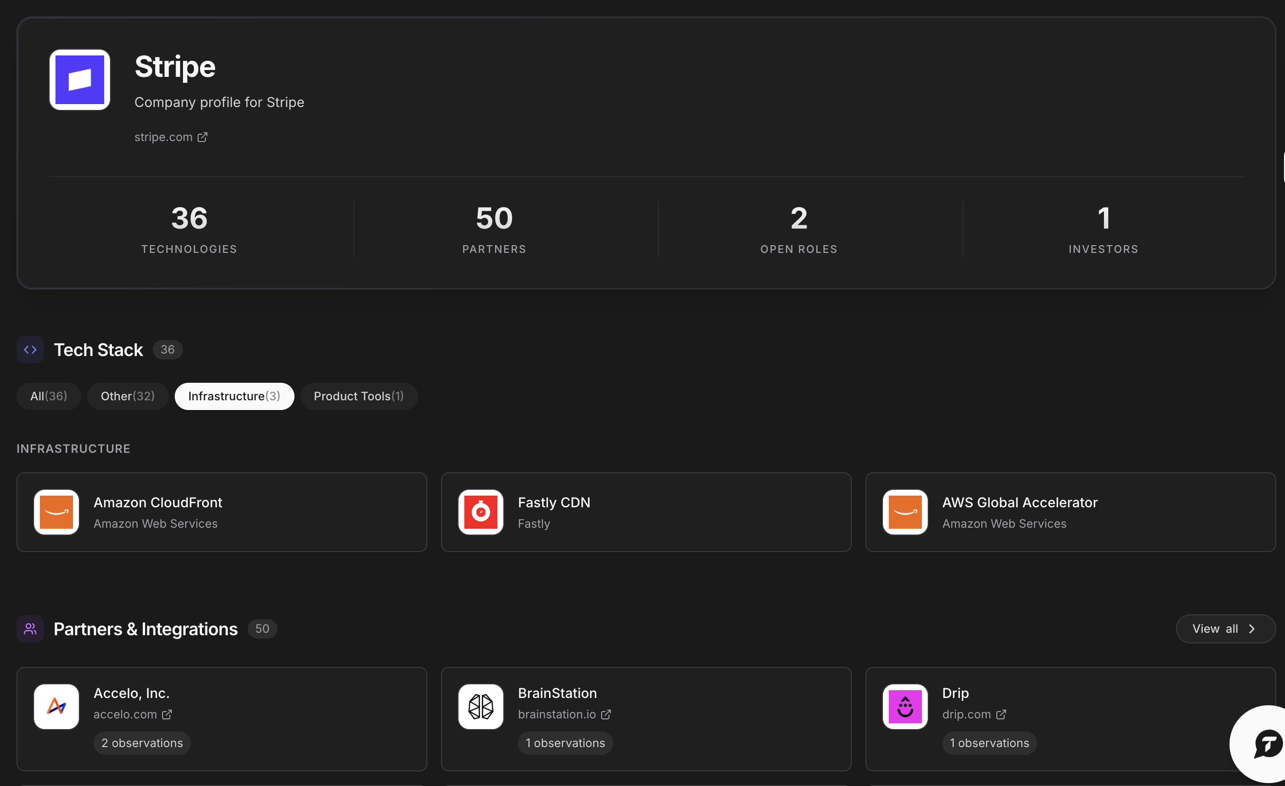 Trace web UI — search and compare company tech stacks